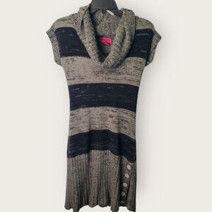 Y2K Black Gray Striped Knit Cowl Neck Mini Dress Size Large